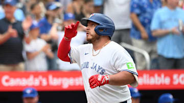 Jun 19, 2025; Toronto, Ontario, CAN;  Toronto Blue Jays catcher Alejandro Kirk (30) celebrates after hitting a solo home run against the Arizona Diamondbacks in the eighth inning at Rogers Centre. Mandatory Credit: Dan Hamilton-Imagn Images