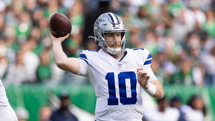 Dec 29, 2024; Philadelphia, Pennsylvania, USA; Dallas Cowboys quarterback Cooper Rush (10) passes the ball against the Philadelphia Eagles during the second quarter at Lincoln Financial Field. Mandatory Credit: Bill Streicher-Imagn Images