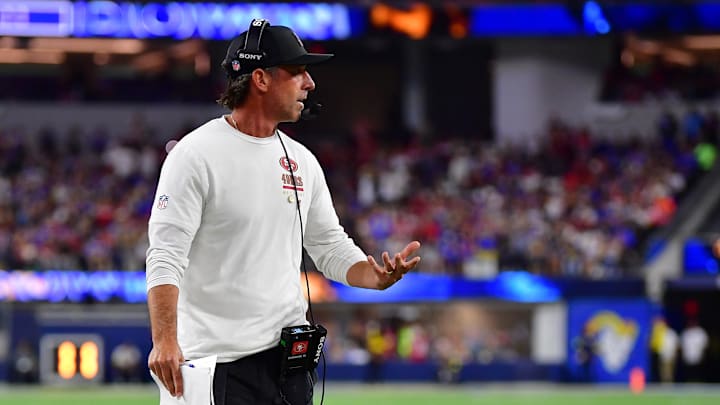 Oct 2, 2025; Inglewood, California, USA; San Francisco 49ers head coach Kyle Shanahan during the second half against the Los Angeles Rams at SoFi Stadium. Mandatory Credit: Gary A. Vasquez-Imagn Images