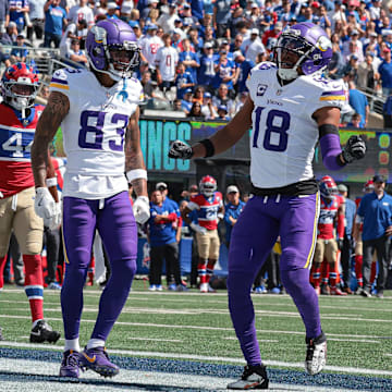 Sep 8, 2024; East Rutherford, New Jersey, USA; Minnesota Vikings wide receiver Justin Jefferson (18) celebrates his touchdown reception during the first half against the New York Giants at MetLife Stadium.