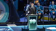 Nov 23, 2024; San Jose, California, USA;  Joe Thornton talks during the Joe Thornton retirement ceremony at SAP Center in San Jose. Mandatory Credit: John Hefti-Imagn Images