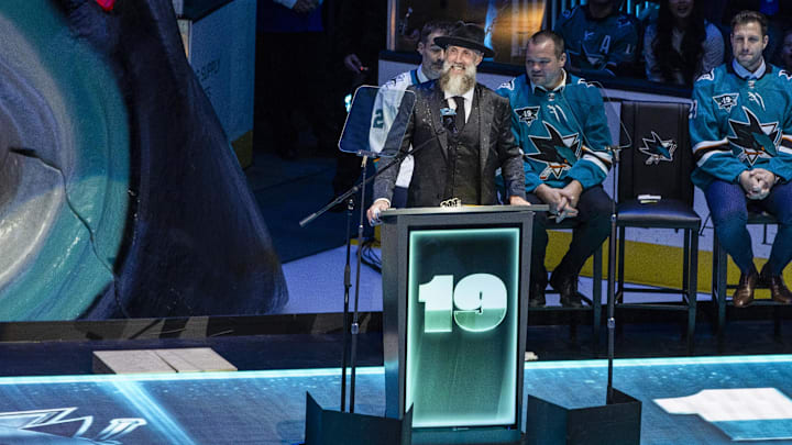 Nov 23, 2024; San Jose, California, USA;  Joe Thornton talks during the Joe Thornton retirement ceremony at SAP Center in San Jose. Mandatory Credit: John Hefti-Imagn Images