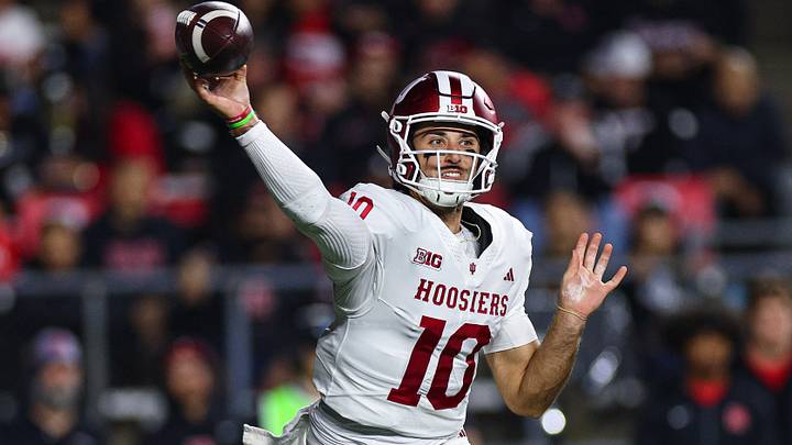 Oct 3, 2026; Piscataway, New Jersey, USA; Indiana Hoosiers quarterback Josh Hoover (10) throws a pass during the first half against the Rutgers Scarlet Knights at SHI Stadium. Mandatory Credit: Vincent Carchietta-Imagn Images