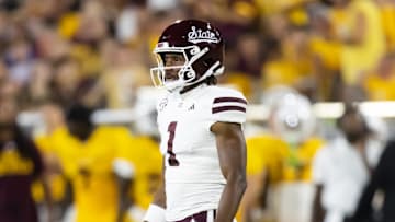Sep 7, 2024; Tempe, Arizona, USA; Mississippi State Bulldogs wide receiver Kelly Akharaiyi (1) against the Arizona State Sun Devils at Mountain America Stadium. Mandatory Credit: Mark J. Rebilas-Imagn Images