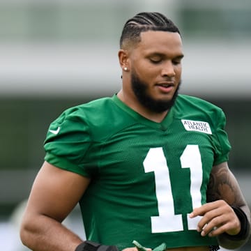 Jul 25, 2024; Florham Park, NJ, USA; New York Jets linebacker Jermaine Johnson (11) participates in a drill during training camp at Atlantic Health Jets Training Center.