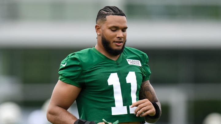 Jul 25, 2024; Florham Park, NJ, USA; New York Jets linebacker Jermaine Johnson (11) participates in a drill during training camp at Atlantic Health Jets Training Center.