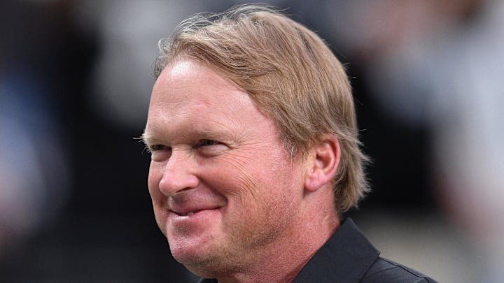 Aug 14, 2021; Paradise, Nevada, USA; Las Vegas Raiders manager Jon Gruden looks on before the game Seattle Seahawks at Allegiant Stadium. Mandatory Credit: Orlando Ramirez-Imagn Images