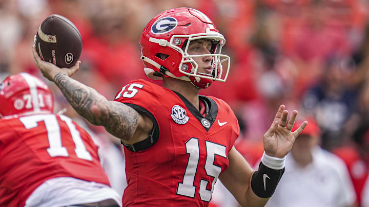 Sep 7, 2024; Athens, Georgia, USA; Georgia Bulldogs quarterback Carson Beck (15) passes the ball against the Tennessee Tech Golden Eagles during the second half at Sanford Stadium. Mandatory Credit: Dale Zanine-Imagn Images