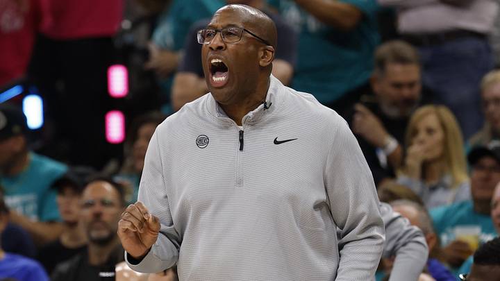Jun 3, 2026; San Antonio, Texas, USA; New York Knicks head coach Mike Brown reacts San Antonio Spurs in the second half during game one of the 2026 NBA Finals at Frost Bank Center. Mandatory Credit: Geoff Burke-Imagn Images