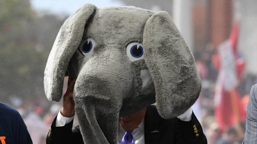 Nov 25, 2017; Auburn, AL, USA; Lee Corso wears the Alabama Crimson Tide mascot head before the game between the Auburn Tigers and the Alabama Crimson Tide at Jordan-Hare Stadium. Mandatory Credit: Christopher Hanewinckel-USA TODAY Sports