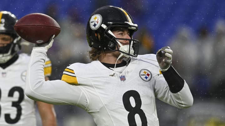 Jan 6, 2024; Baltimore, Maryland, USA;  Pittsburgh Steelers quarterback Kenny Pickett (8) warms up before the game against the Baltimore Ravens at M&T Bank Stadium. Mandatory Credit: Tommy Gilligan-USA TODAY Sports