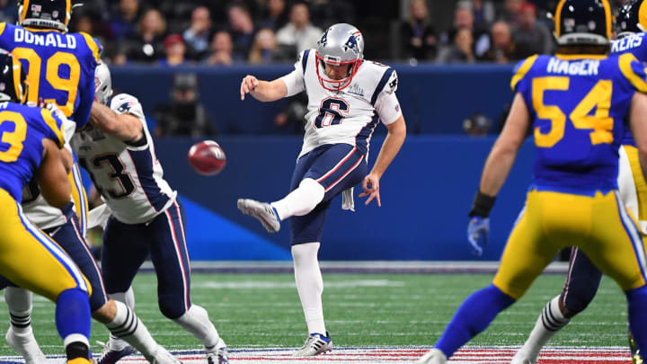 Feb 3, 2019; Atlanta, GA, USA; New England Patriots punter Ryan Allen (6) punts during the second quarter against the Los Angeles Rams in Super Bowl LIII at Mercedes-Benz Stadium. Mandatory Credit: Robert Deutsch-USA TODAY Sports