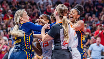 Indiana Fever guard Sophie Cunningham and Connecticut Sun guard Jacy Sheldon get into a fight in a WNBA game