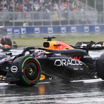 Jun 9, 2024; Montreal, Quebec, CAN; Red Bull Racing driver Max Verstappen (NED) races during the Canadien Grand Prix at Circuit Gilles Villeneuve. Mandatory Credit: David Kirouac-USA TODAY Sports