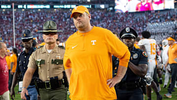 Tennessee head coach Josh Heupel walks off the field after a football game between Tennessee and Alabama at Bryant-Denny Stadium in Tuscaloosa, Ala., on Saturday, Oct. 21, 2023.