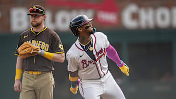 May 25, 2025; Cumberland, Georgia, USA; Atlanta Braves right fielder Ronald Acuna Jr (13) reacts after hitting a double against the San Diego Padres during the fifth inning at Truist Park. Mandatory Credit: Dale Zanine-Imagn Images