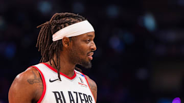 Dec 15, 2024; Phoenix, Arizona, USA; Portland Trail Blazers forward Jerami Grant (SF) reacts between plays in the first half during a game against the Phoenix Suns at Footprint Center. Mandatory Credit: Allan Henry-Imagn Images