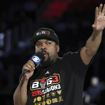 Jun 22, 2019; Detroit, MI, USA; BIG3 league creator Ice Cube speaks to the crowd before the game between the 3 Headed Monsters and the Trilogy at Little Ceasars Arena. Mandatory Credit: Raj Mehta-USA TODAY Sports