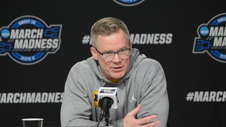 Mar 26, 2026; Chicago, IL, USA; Michigan Wolverines head coach Dusty May during a press conference ahead of the midwest regional of the men's 2026 NCAA Tournament at United Center. Mandatory Credit: David Banks-Imagn Images