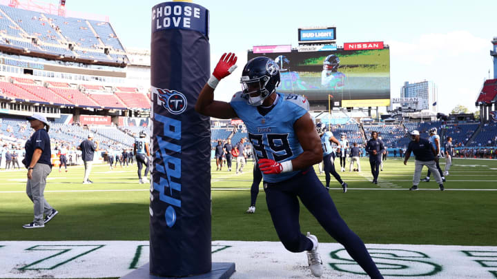 Aug 17, 2024; Nashville, Tennessee, USA; Tennessee Titans linebacker Rashad Weaver (99) completes a warmup drill before the game against the Seattle Seahawks at Nissan Stadium. Mandatory Credit: Casey Gower-USA TODAY Sports