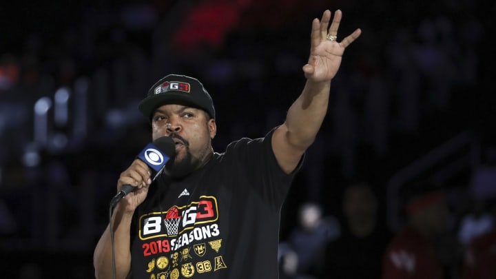 Jun 22, 2019; Detroit, MI, USA; BIG3 league creator Ice Cube speaks to the crowd before the game between the 3 Headed Monsters and the Trilogy at Little Ceasars Arena. Mandatory Credit: Raj Mehta-USA TODAY Sports