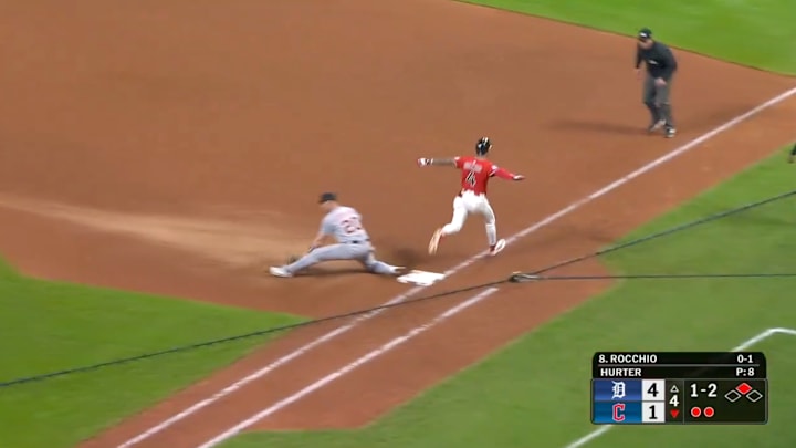 First base umpire Chris Guccione couldn't decide whether Brayan Rocchio was out or safe First base umpire Chris Guccione couldn't decide whether Brayan Rocchio was out or safe