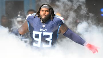 Oct 13, 2024; Nashville, Tennessee, USA;  Tennessee Titans defensive tackle T'Vondre Sweat (93) runs out during player introductions against the Indianapolis Colts at Nissan Stadium. Mandatory Credit: Steve Roberts-Imagn Images