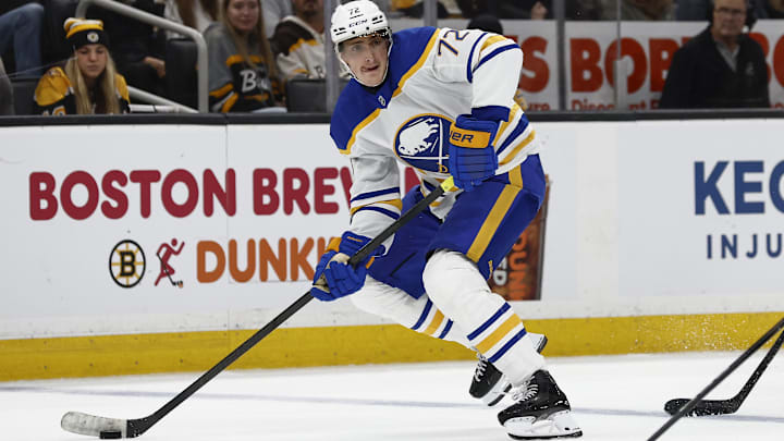 Oct 11, 2025; Boston, Massachusetts, USA; Buffalo Sabres center Tage Thompson (72) looks to pass against the Boston Bruins during the second period at TD Garden. Mandatory Credit: Winslow Townson-Imagn Images