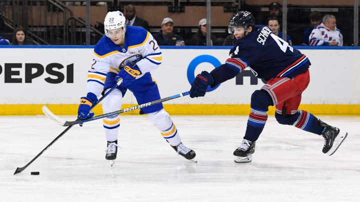 Dec 23, 2023; New York, New York, USA; Buffalo Sabres right wing Jack Quinn (22) takes a shot