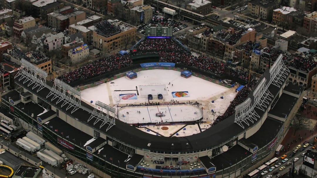 Jan 1, 2009; Chicago, IL, USA; An aerial view of Wrigley Field as the Chicago Blackhawks take on the Detroit Red Wings during the 2009 Winter Classic. Mandatory Credit: Guy Rhodes-USA TODAY Sports