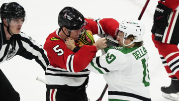 Mar 28, 2023; Chicago, Illinois, USA; Chicago Blackhawks defenseman Connor Murphy (5) and Dallas