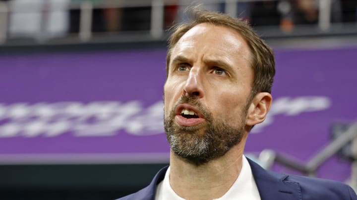 Nov 25, 2022; Al Khor, Qatar; England manager Gareth Southgate during the national anthem before a group stage match against the United States of America during the 2022 World Cup at Al Bayt Stadium.