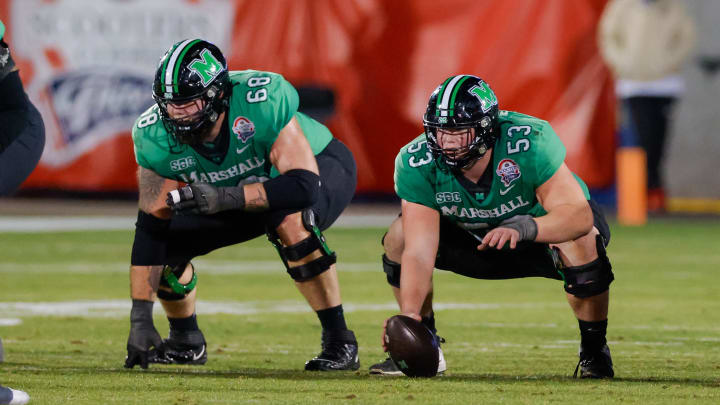 Dec 19, 2023; Frisco, TX, USA; Marshall Thundering Herd offensive lineman Dalton Tucker (68) and offensive lineman Trent Fraley (53) line up against the UTSA Roadrunners during the fourth quarter at Toyota Stadium. Mandatory Credit: Andrew Dieb-USA TODAY Sports