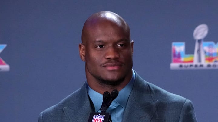 Feb 9, 2026; San Francisco, CA, USA; Seattle Seahawks running back Kenneth Walker III speaks during the Super Bowl LX winning head coach and most valuable player press conference at Moscone Center. Mandatory Credit: Kirby Lee-Imagn Images