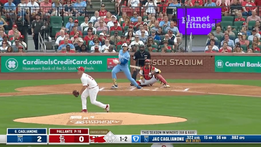 Royals rookie Caglianone makes solid contact in his first MLB at bat | Screengrab via @MLB on X/Twitter and FanDuel Sports Network Midwest
