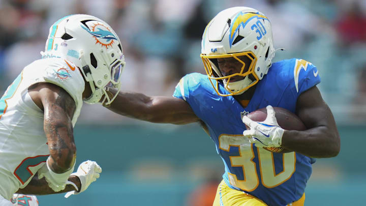 Chargers RB Kimani Vidal (30) will be a popular add off the fantasy football waiver wire this week.