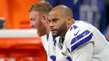 Nov 3, 2024; Atlanta, Georgia, USA; Dallas Cowboys quarterback Dak Prescott (4) on the bench against the Atlanta Falcons in the fourth quarter at Mercedes-Benz Stadium. Mandatory Credit: Brett Davis-Imagn Images