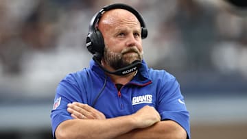 New York Giants head coach Brian Daboll reacts after a play against the Dallas Cowboys during the second quarter at AT&T Stadium.