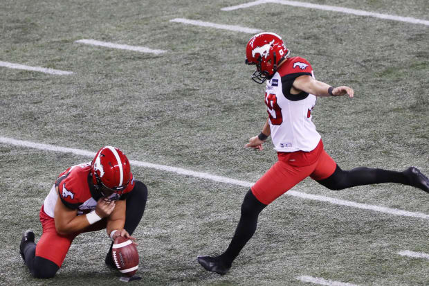 Aug 25, 2022; Winnipeg, Manitoba, CAN;  Calgary Stampeders kicker Rene Paredes (30) makes a field goal in the first half against the Winnipeg Blue Bombers at IG Field. Mandatory Credit: Bruce Fedyck-USA TODAY Sports