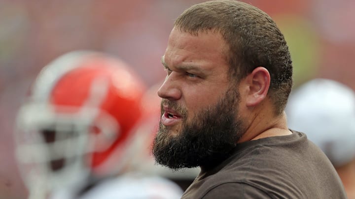 Browns guard Joel Bitonio watches from the sideline during the first half of a preseason game, Saturday, Aug. 17, 2024, in Cleveland.