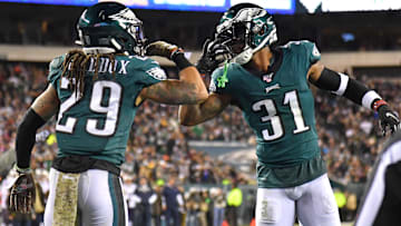 Nov 17, 2019; Philadelphia, PA, USA; Former Philadelphia Eagles cornerback Avonte Maddox (29) and cornerback Jalen Mills (31) celebrate a play against the New England Patriots at Lincoln Financial Field.