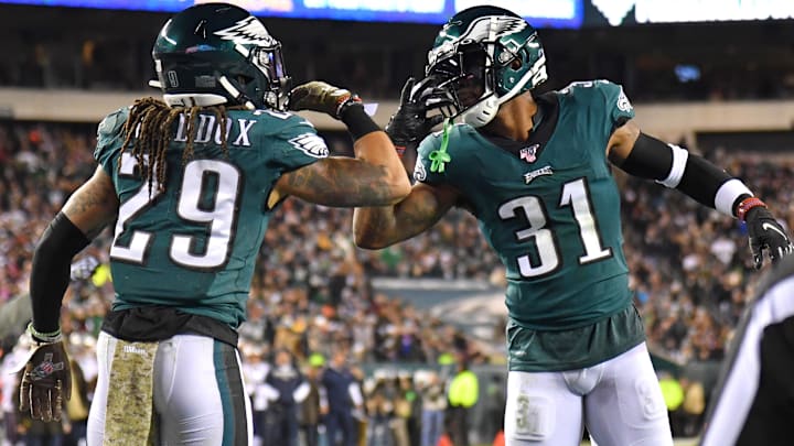 Nov 17, 2019; Philadelphia, PA, USA; Former Philadelphia Eagles cornerback Avonte Maddox (29) and cornerback Jalen Mills (31) celebrate a play against the New England Patriots at Lincoln Financial Field.