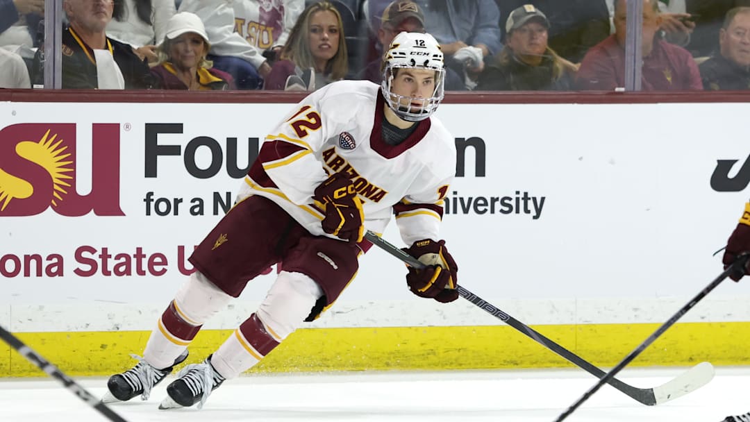 Cullen Potter Skates on the ice against Minnesota Duluth in Game Two of the NCHC Playoffs