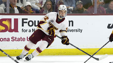 Cullen Potter Skates on the ice against Minnesota Duluth in Game Two of the NCHC Playoffs