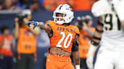 Sep 15, 2023; San Antonio, Texas, USA; UTSA Roadrunners running back Robert Henry (20) celebrates after his touchdown against the Army Black Knights during the first half at the Alamodome. Mandatory Credit: Danny Wild-Imagn Images
