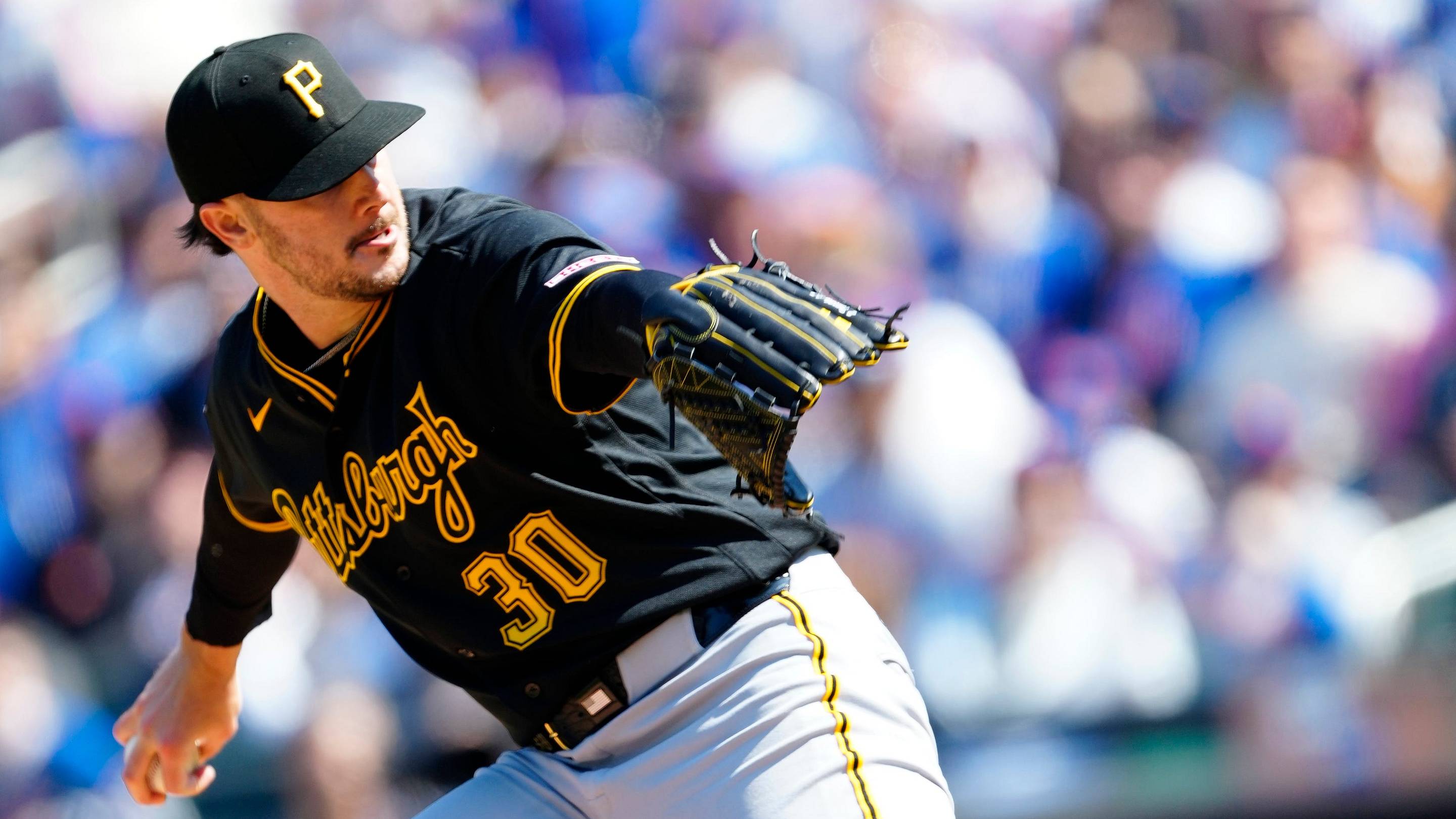 Pittsburgh Pirates pitcher Paul Skenes (30) is shown as he pitches in the first inning, Thursday, March 26, 2026. The Mets scored five runs to knock Skenes out of the game in t he first.
