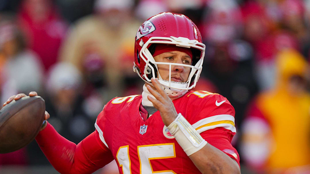 Dec 14, 2025; Kansas City, Missouri, USA; Kansas City Chiefs quarterback Patrick Mahomes (15) throws a pass during the second half against the Los Angeles Chargers at GEHA Field at Arrowhead Stadium. Mandatory Credit: Jay Biggerstaff-Imagn Images