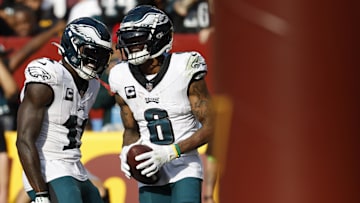 Oct 29, 2023; Landover, Maryland, USA; Philadelphia Eagles wide receiver DeVonta Smith (6) celebrates with Eagles wide receiver A.J. Brown (11) after catching a touchdown pass against the Washington Commanders during the fourth quarter at FedExField. Mandatory Credit: Geoff Burke-Imagn Images