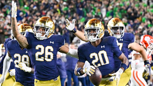 Notre Dame Fighting Irish cornerback Benjamin Morrison celebrates after a third quarter interception against the Clemson 
