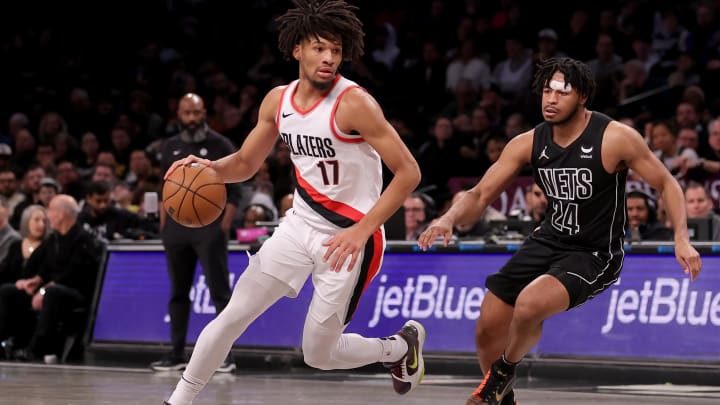 Jan 7, 2024; Brooklyn, New York, USA; Portland Trail Blazers guard Shaedon Sharpe (17) controls the ball against Brooklyn Nets guard Cam Thomas (24) during the second quarter at Barclays Center. Mandatory Credit: Brad Penner-USA TODAY Sports